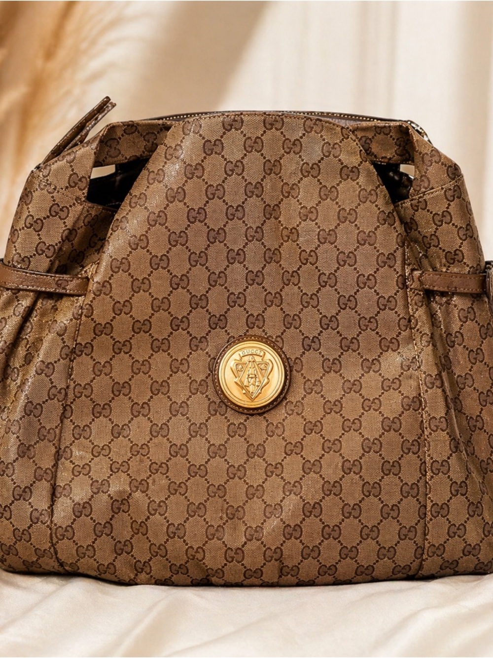 Authentic Preloved Gucci Brown GG Monogram Shoulder Bag with Gold Medallion